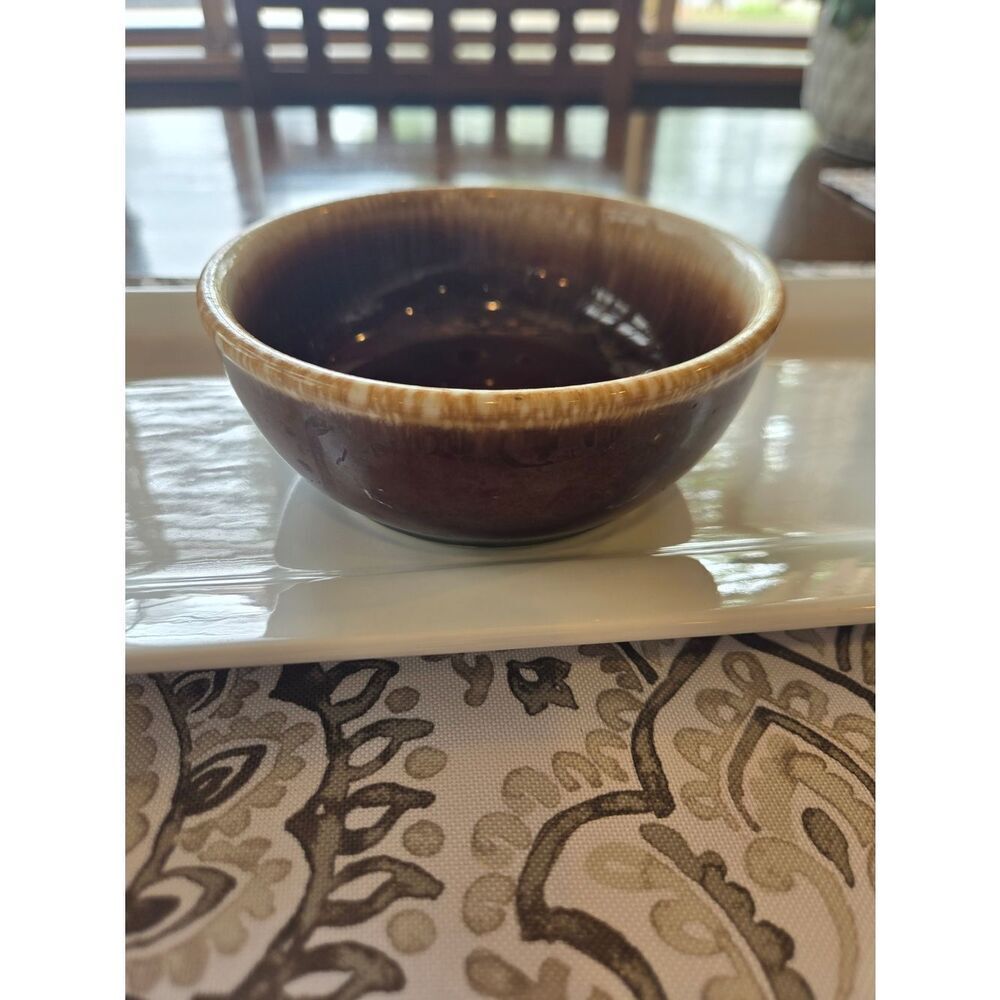 Vintage Ceramic Serving Bowl in Brown and Cream With Drip Glaze